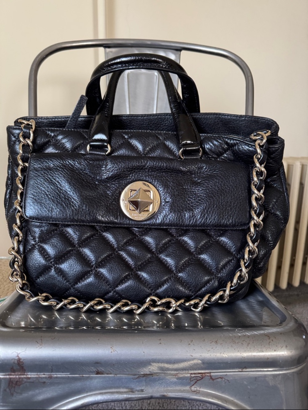 kate spade Black Quilted Leather Chain-Strap Shoulder Bag with Medallion